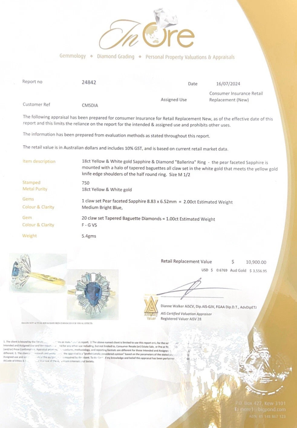 18Ct Two-Toned Gold 2Ct Sapphire & 1Ct TW Diamond Ring Sz M 1/2 WITH VALUATION