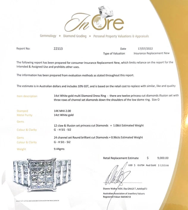14Ct White Gold 2.00 Carat TW Multi Diamond Dress Ring Sz O WITH VALUATION