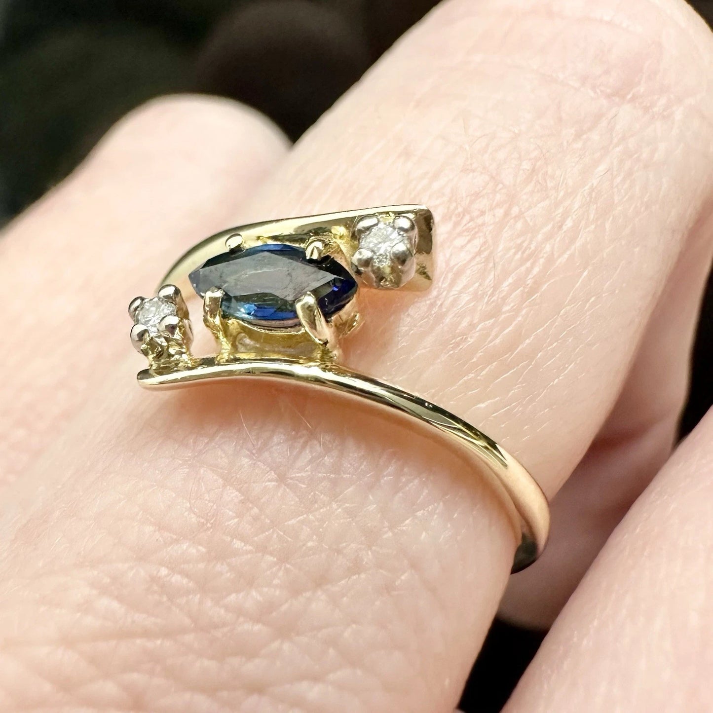 9Ct Yellow Gold Marquise Cut Sapphire & Diamond Accent Split Shank Ring Sz M