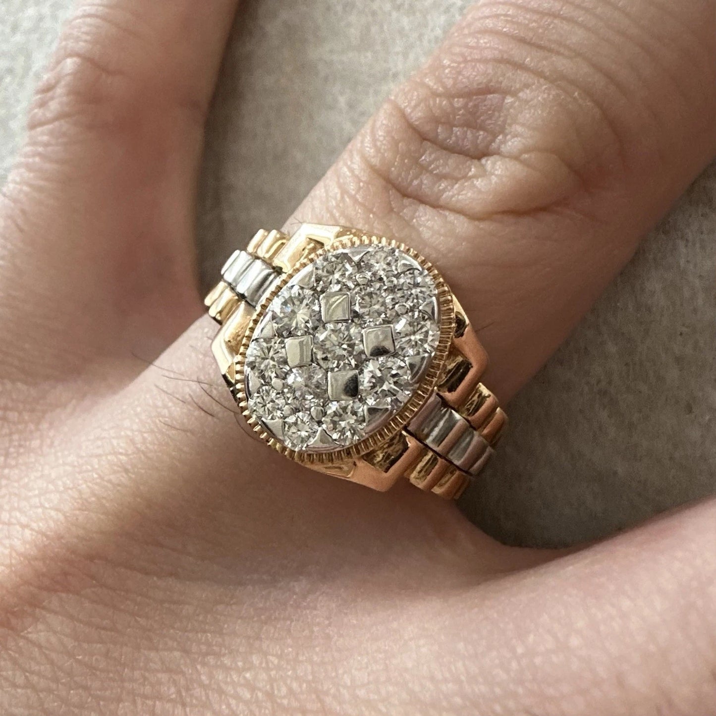 18Ct Rose & White Gold Cluster 1.15Ct Diamond Men's Ring Sz W VAL INCLUDED