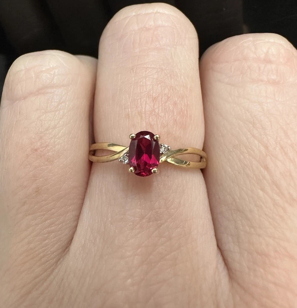 9Ct Yellow Gold Created Ruby & Diamond Accent Ring - Sz L 1/2
