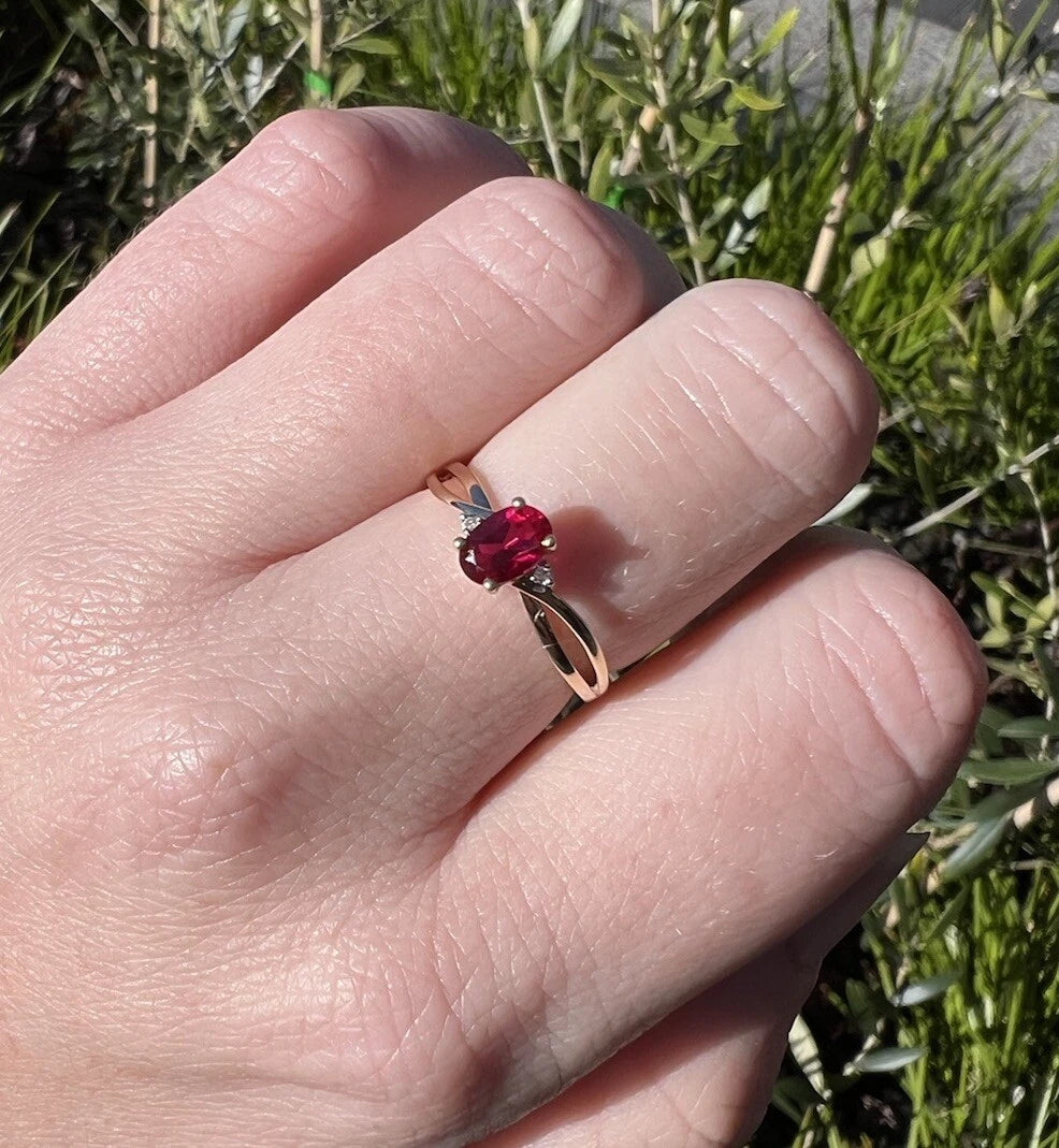 9Ct Yellow Gold Created Ruby & Diamond Accent Ring - Sz L 1/2