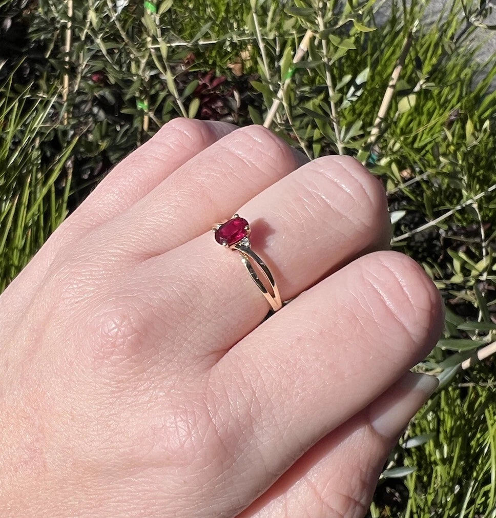 9Ct Yellow Gold Created Ruby & Diamond Accent Ring - Sz L 1/2