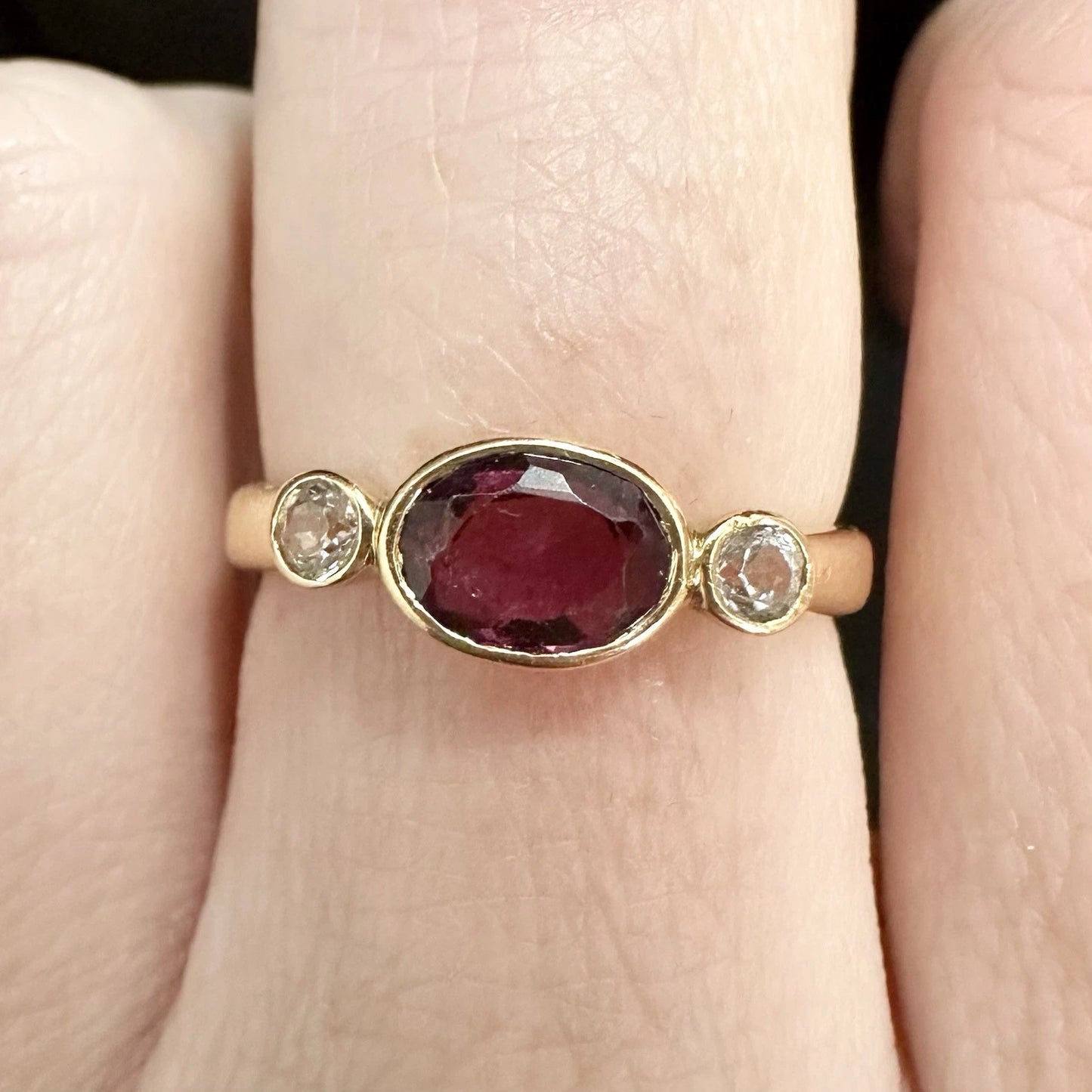 18Ct Yellow Gold Created Rhodolite and CZ Accent Ring - Sz L 1/2