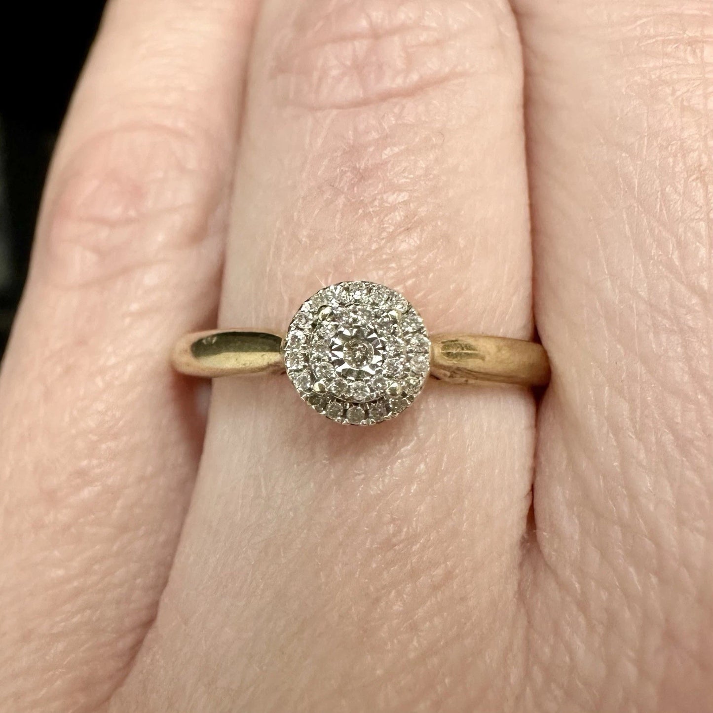9Ct Yellow Gold Diamond Halo Ring Sz N