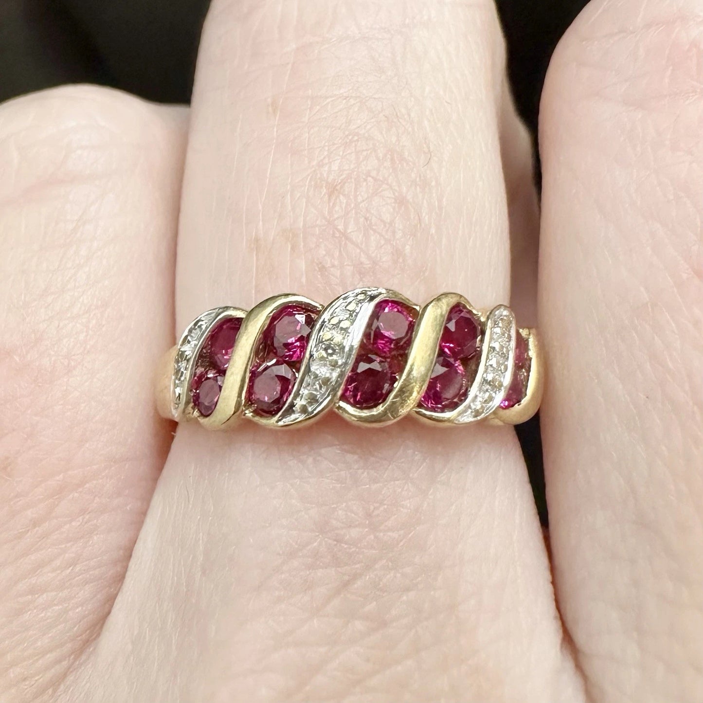 9Ct Yellow Gold Created Ruby and Diamond Ring - Sz N
