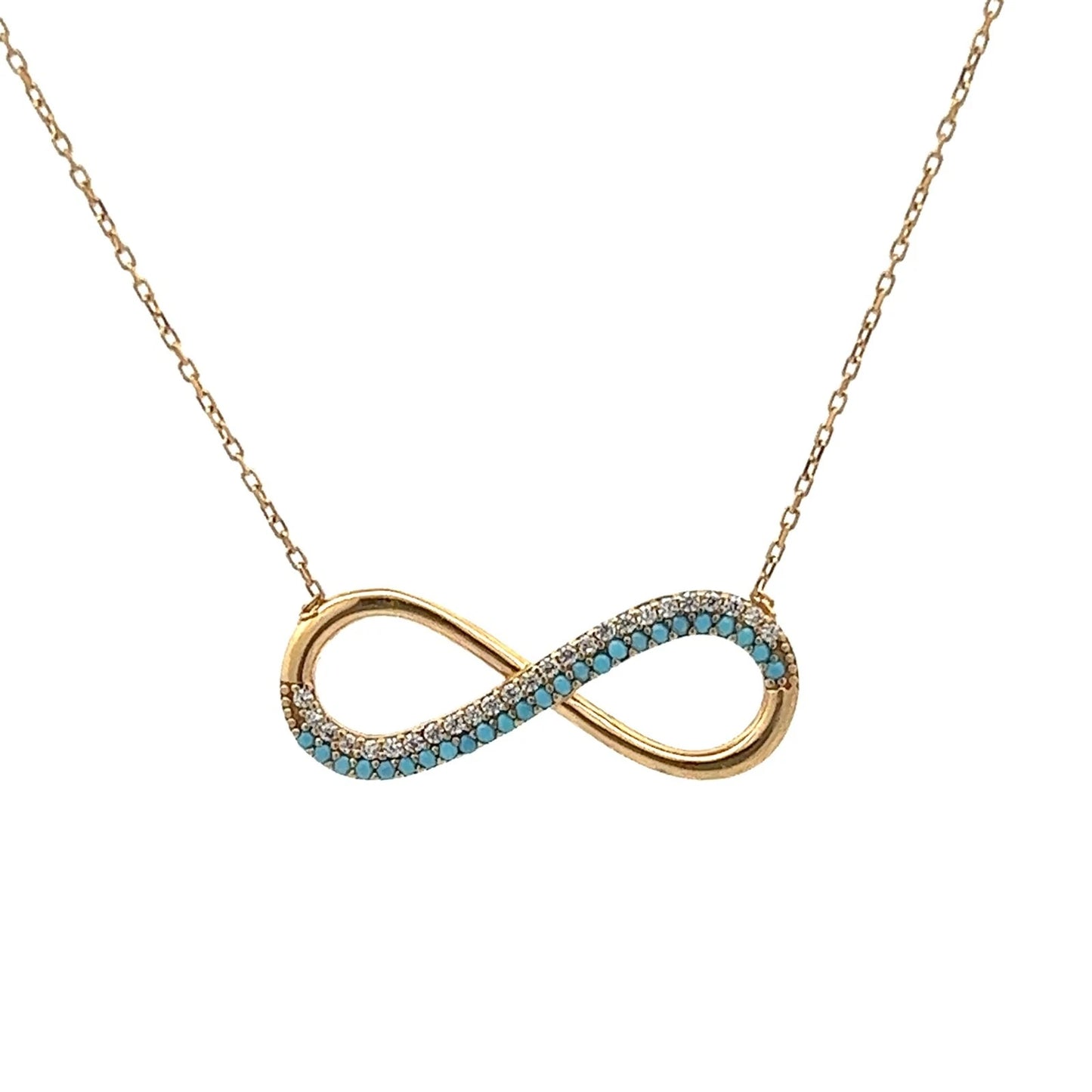18Ct Yellow Gold Turquoise and CZ Infinity 45cm Chain Necklace