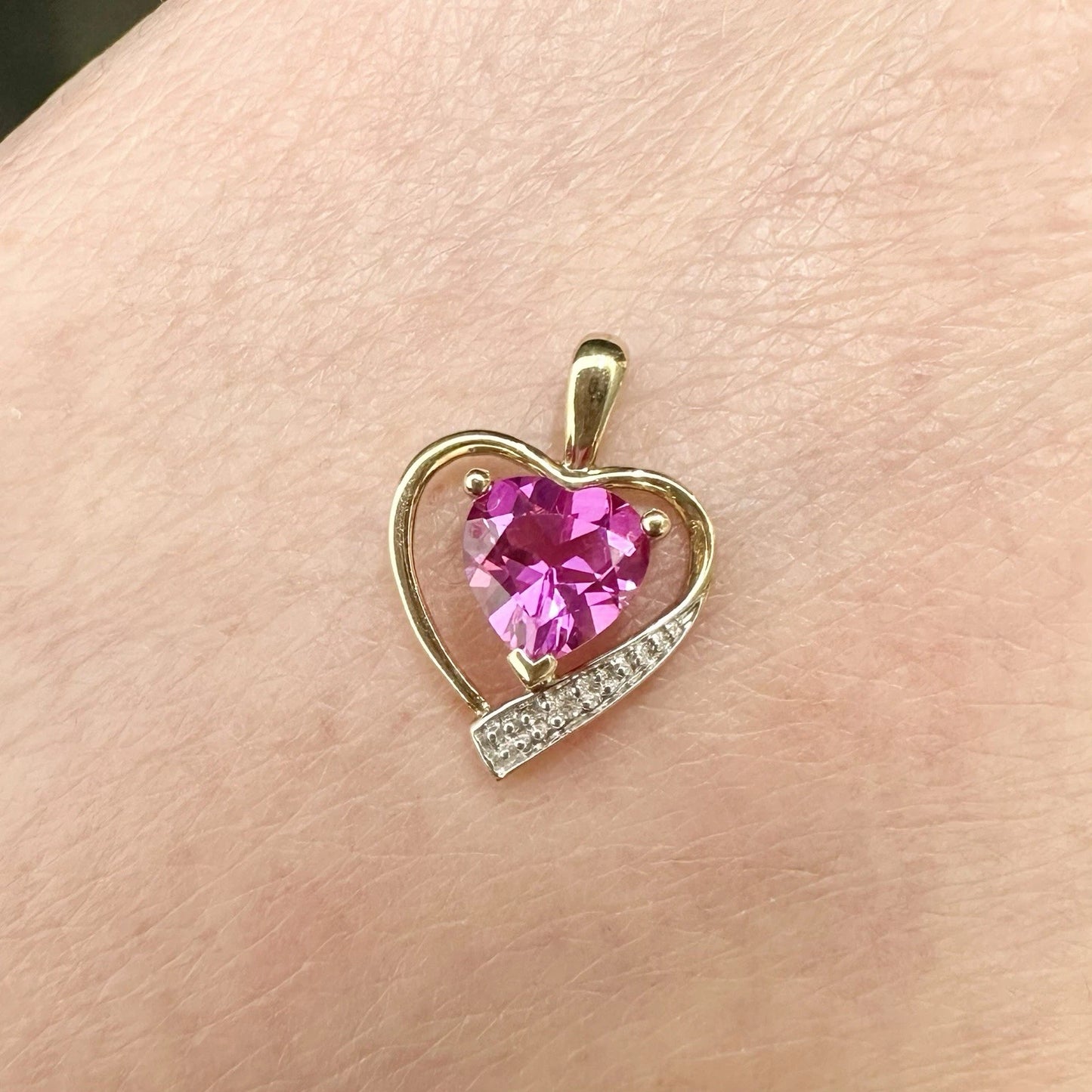 9Ct Yellow Gold Created Pink Sapphire & Diamond Accent Heart Pendant