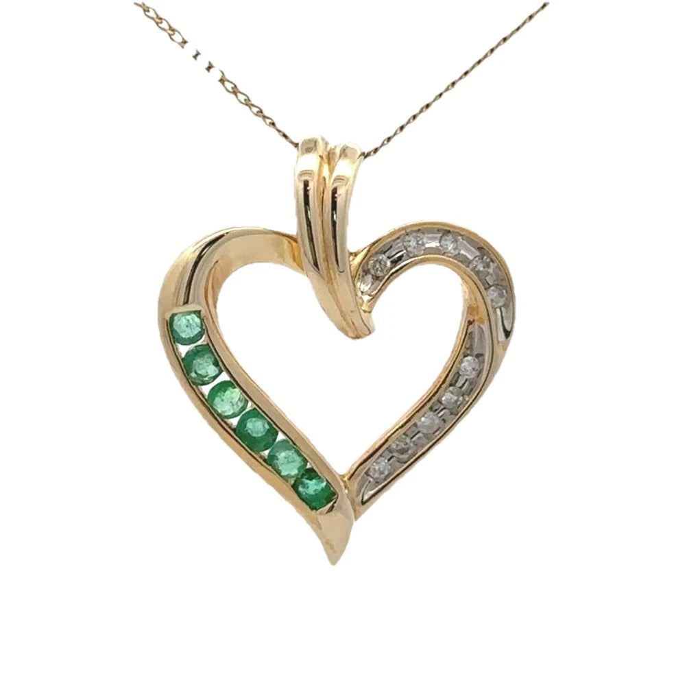 9Ct Yellow Gold Emerald & Diamond Heart Pendant