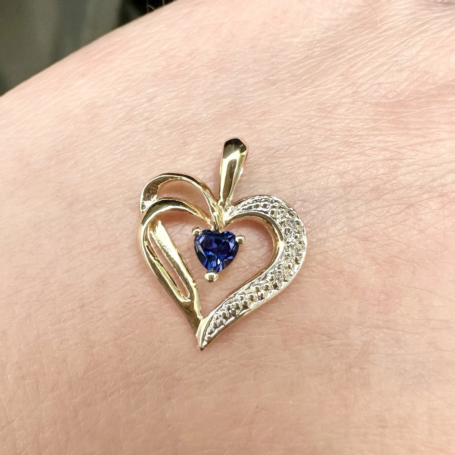 9Ct Yellow Gold Diamond Created Sapphire Heart Pendant