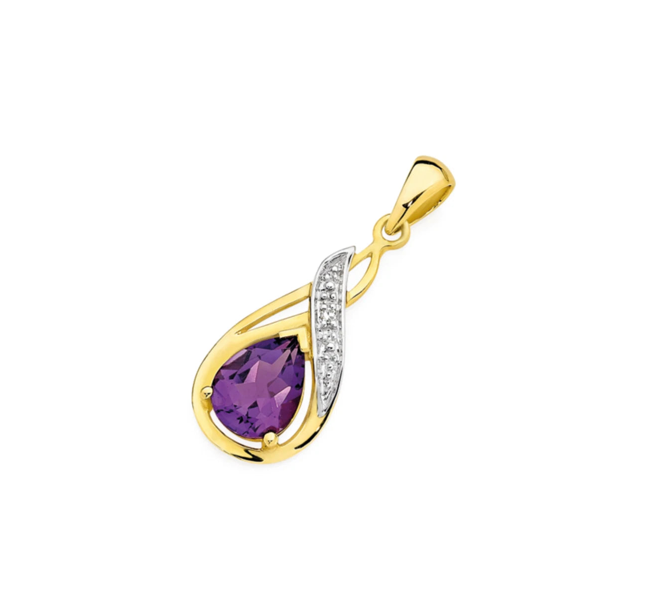 9Ct Yellow Gold Amethyst & Diamond Set Swirl Drop Pendant