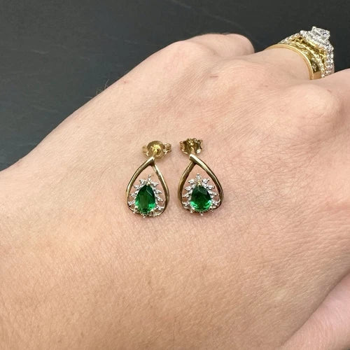 9Ct Yellow Gold Pear Cut Created Emerald Stud Earrings