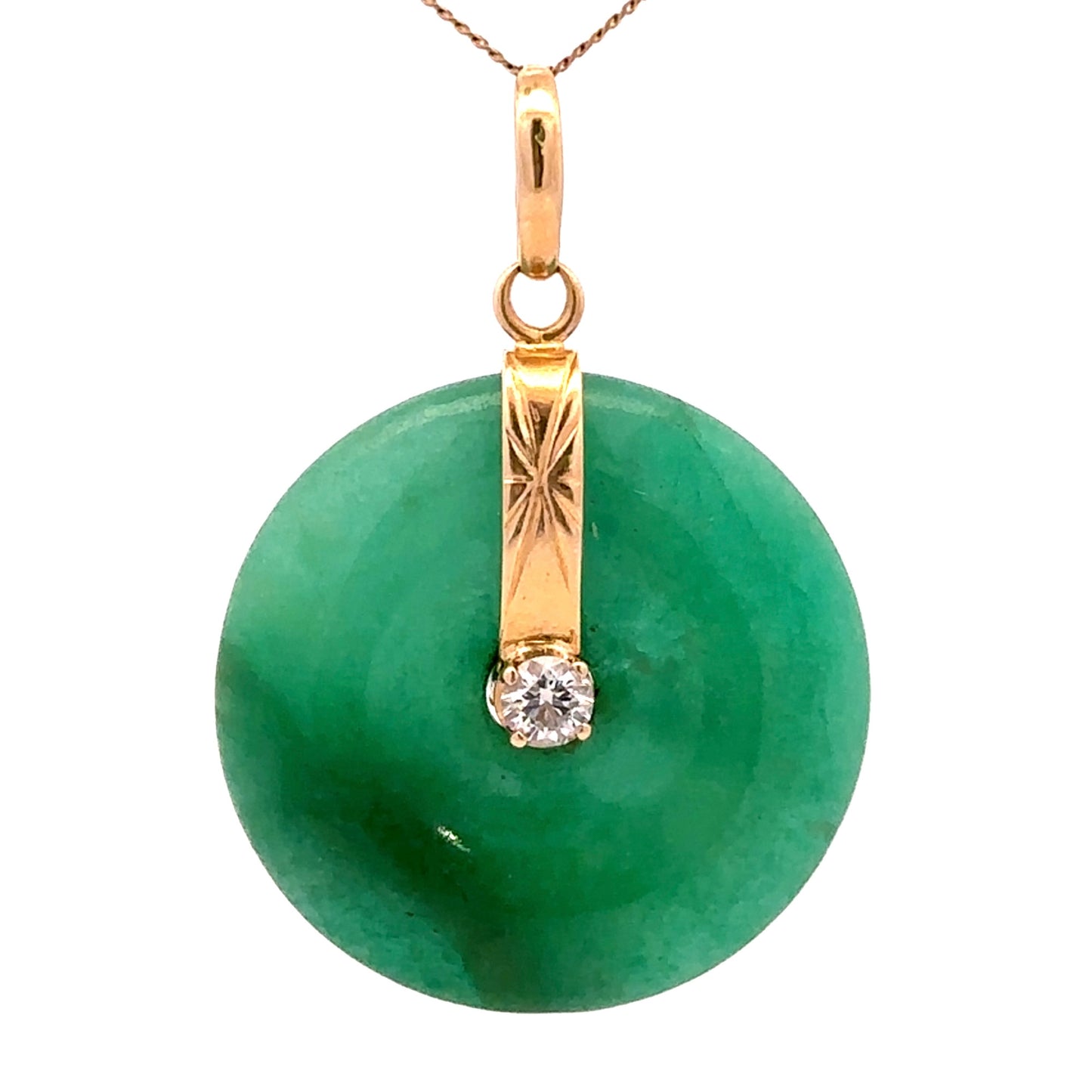 18Ct Yellow Gold Natural Jadeite and 0.17Ct TW Diamond Pi Disc Pendant