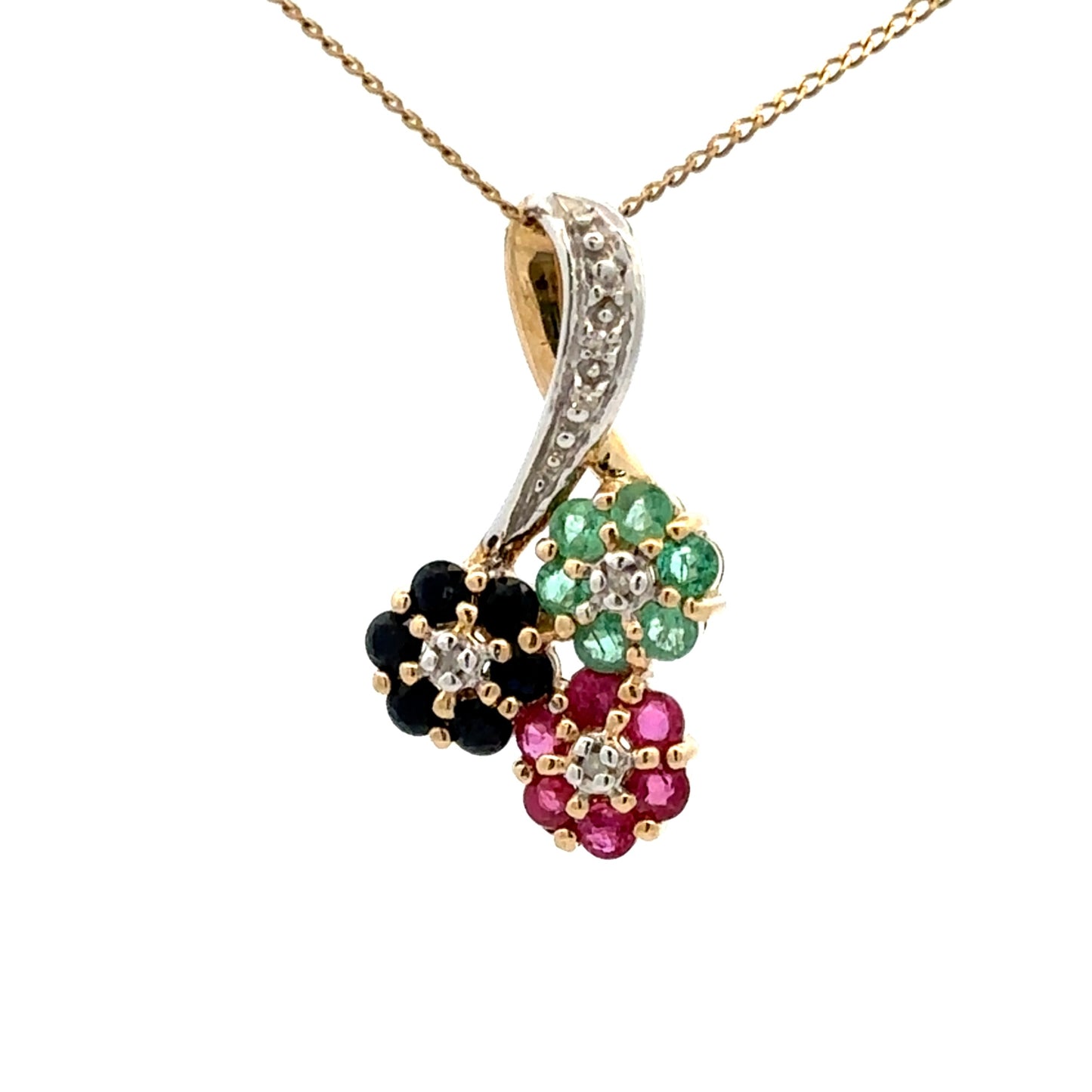 9Ct Yellow Gold Natural Sapphire, Ruby, Emerald and Diamond Floral Slider Pendant