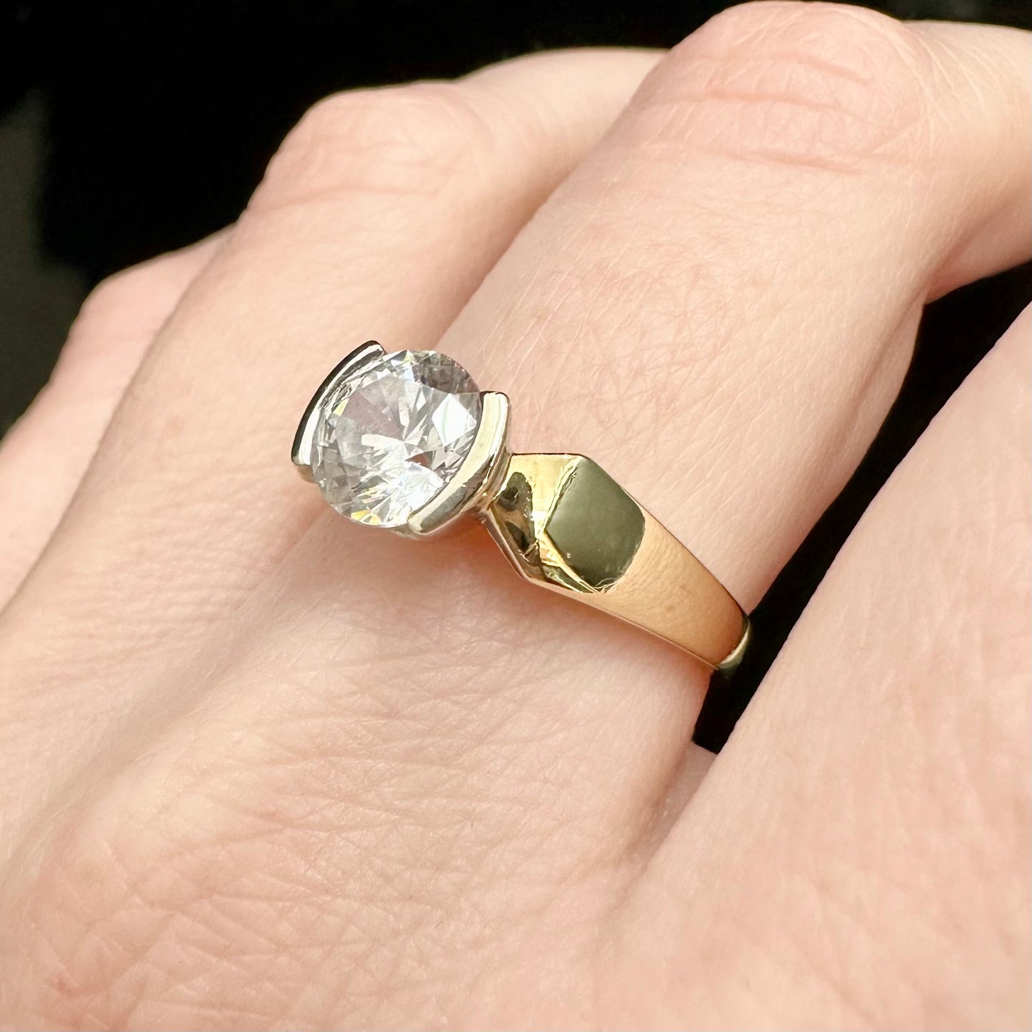 9Ct Two-Toned Gold 1.30Ct TW Diamond Simulant Solitaire Bezel Set Ring Sz N