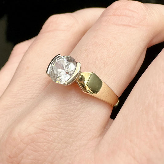 9Ct Two-Toned Gold 1.30Ct TW Diamond Simulant Solitaire Bezel Set Ring Sz N