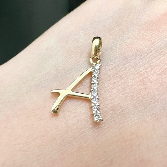 9Ct Yellow Gold Diamond Simulant 'A' Initial Pendant