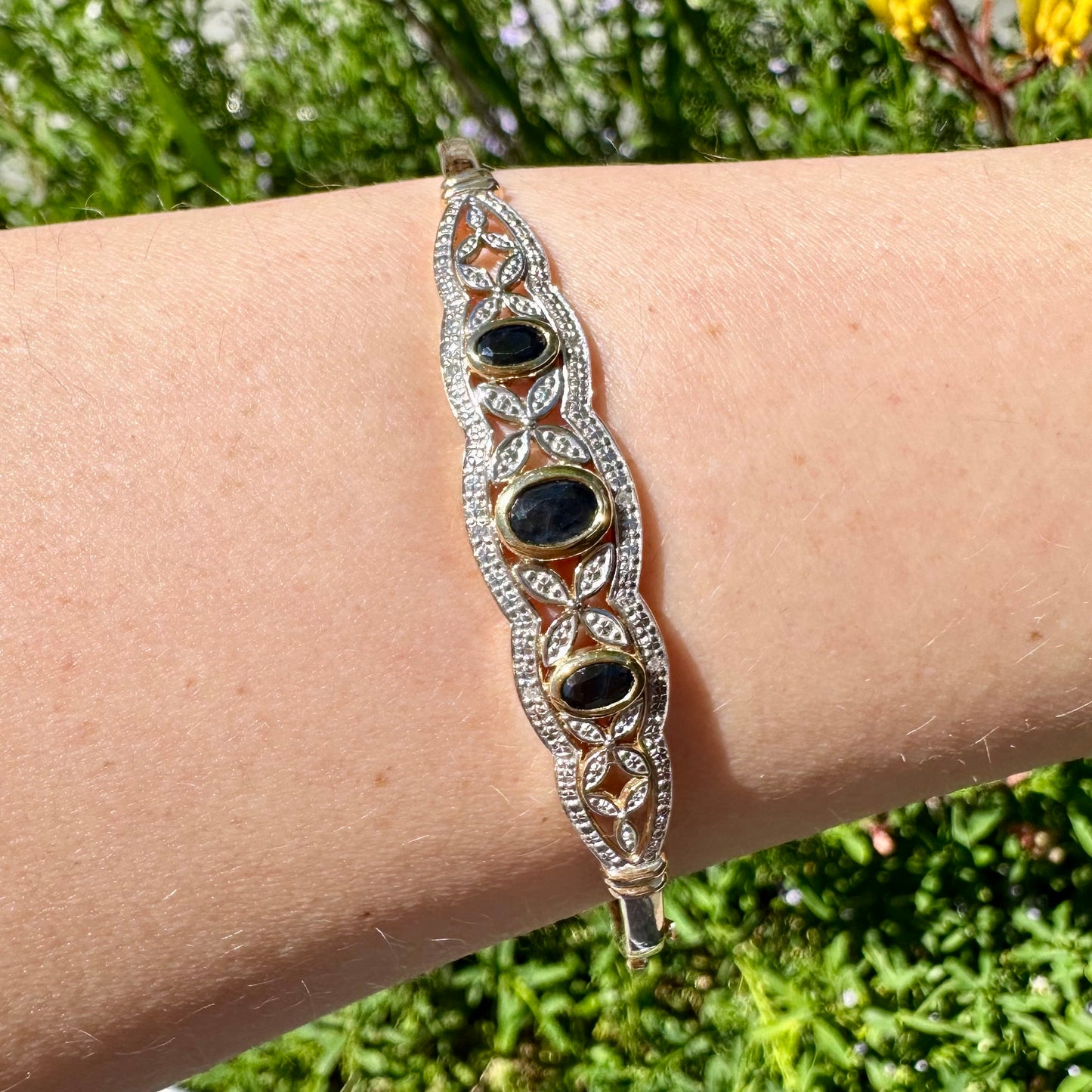 9Ct Yellow Gold Filigree Sapphire & Diamond Hinged Oval Bangle 19cm