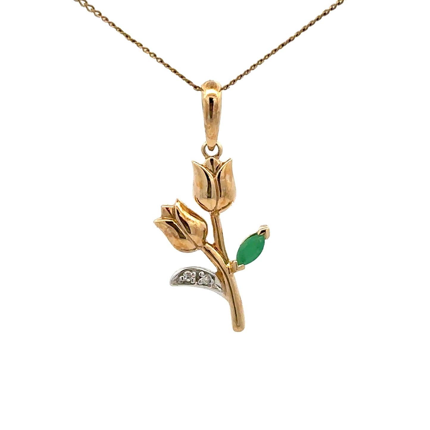 9Ct Yellow Gold Emerald & Diamond Set Tulip Flower Pendant