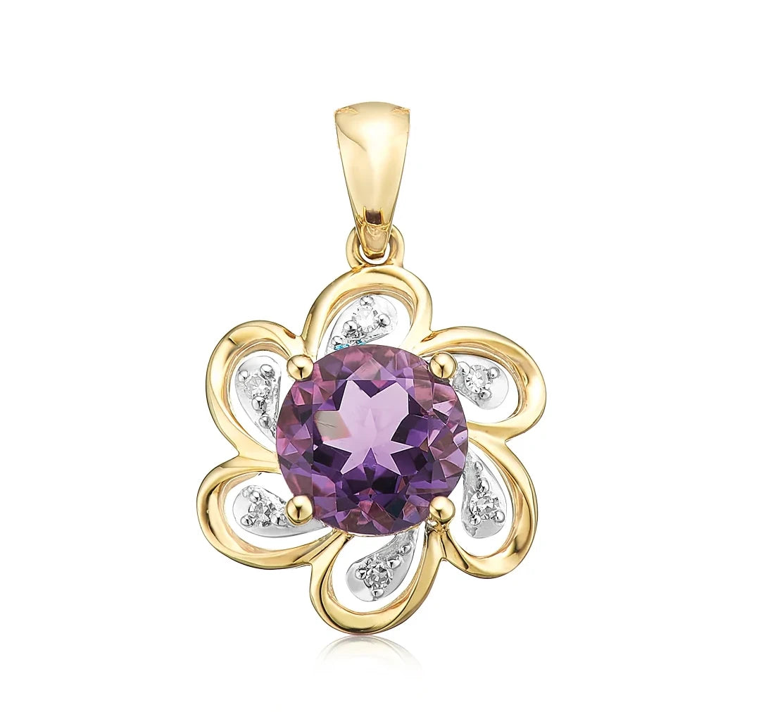 9Ct Yellow Gold Amethyst & Diamond Set Flower Pendant