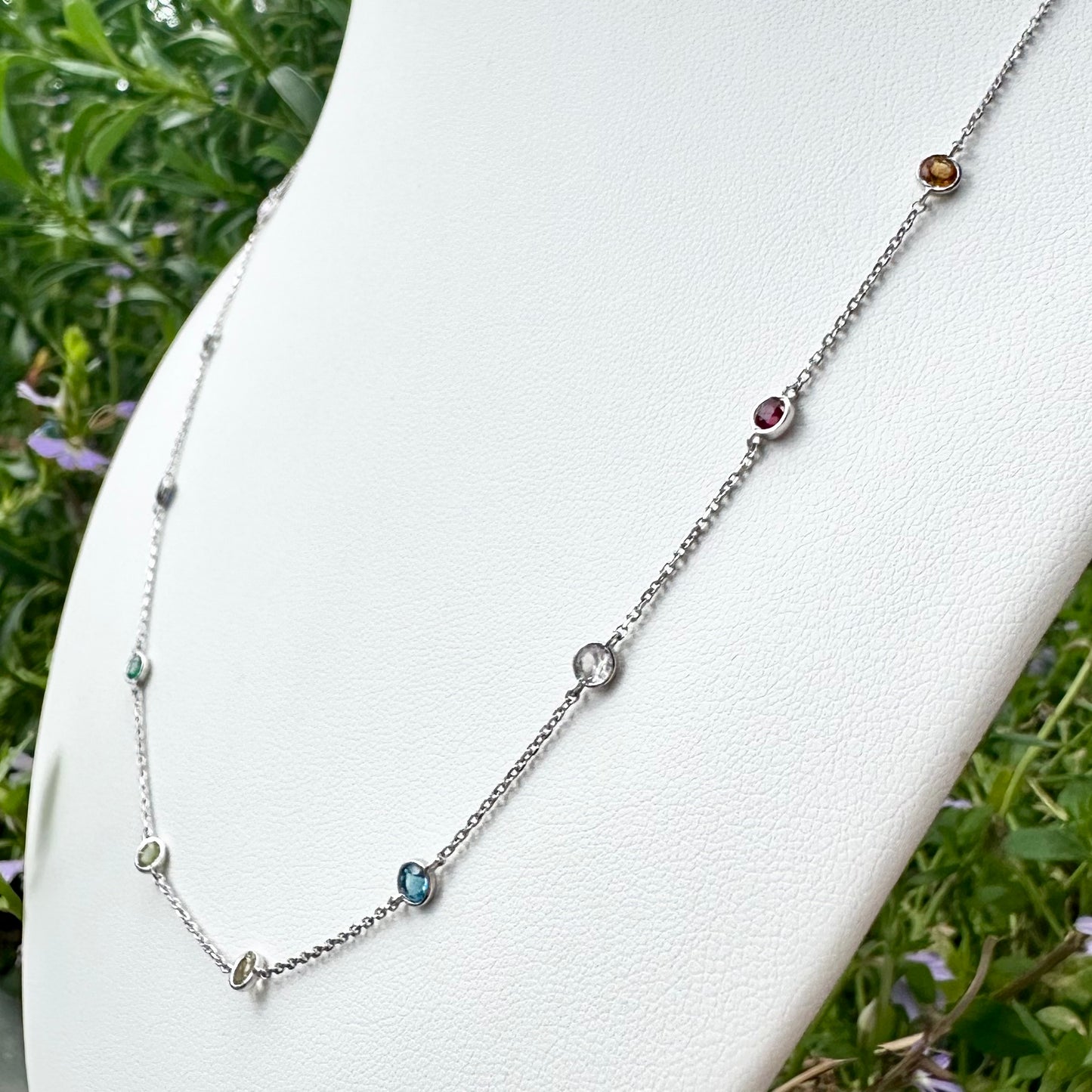 14Ct White Gold Multi-Gemstone Trace Necklace 50cm