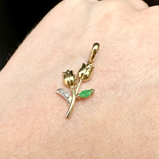 9Ct Yellow Gold Emerald & Diamond Set Tulip Flower Pendant