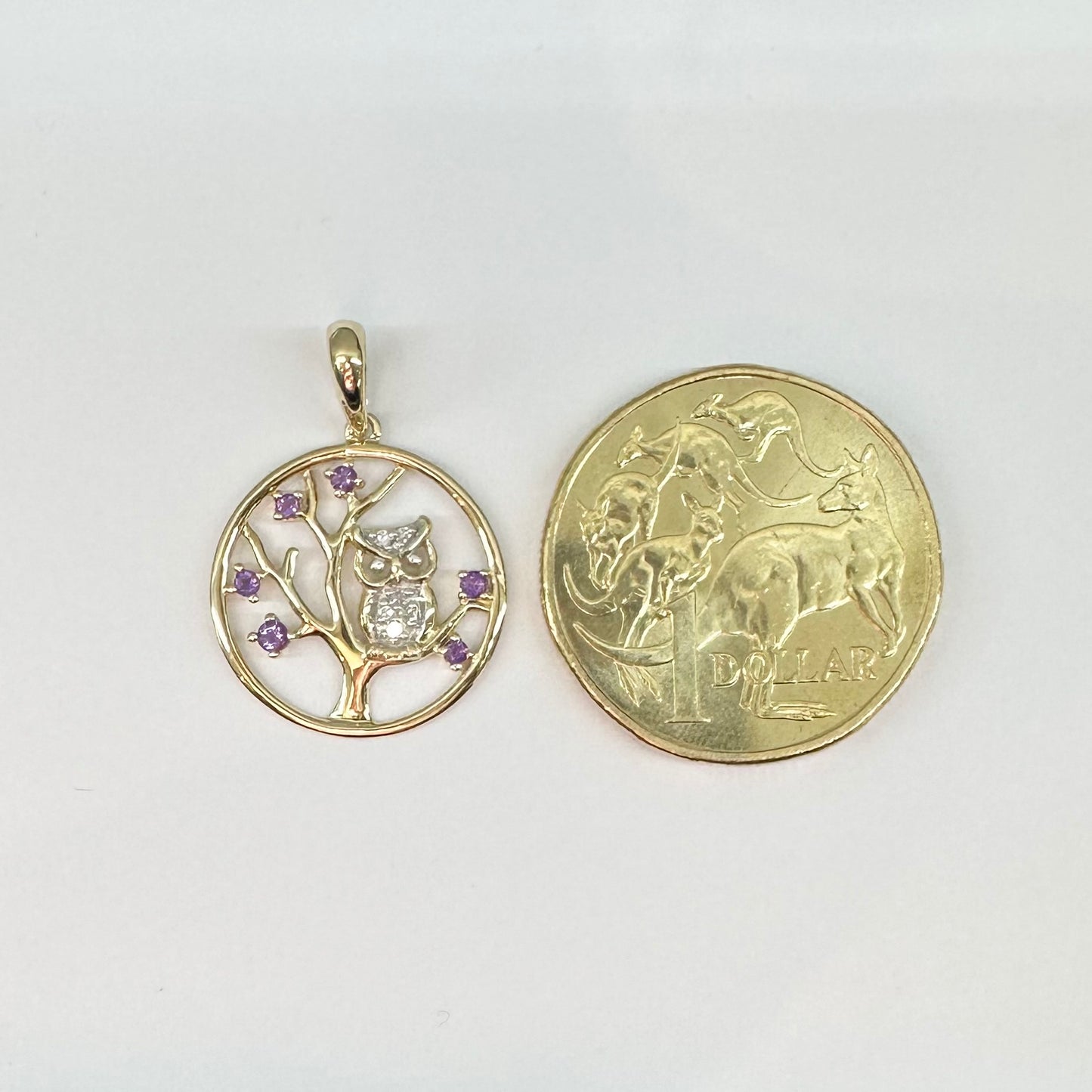 9Ct Yellow Gold Amethyst & Diamond Set Tree Owl Pendant