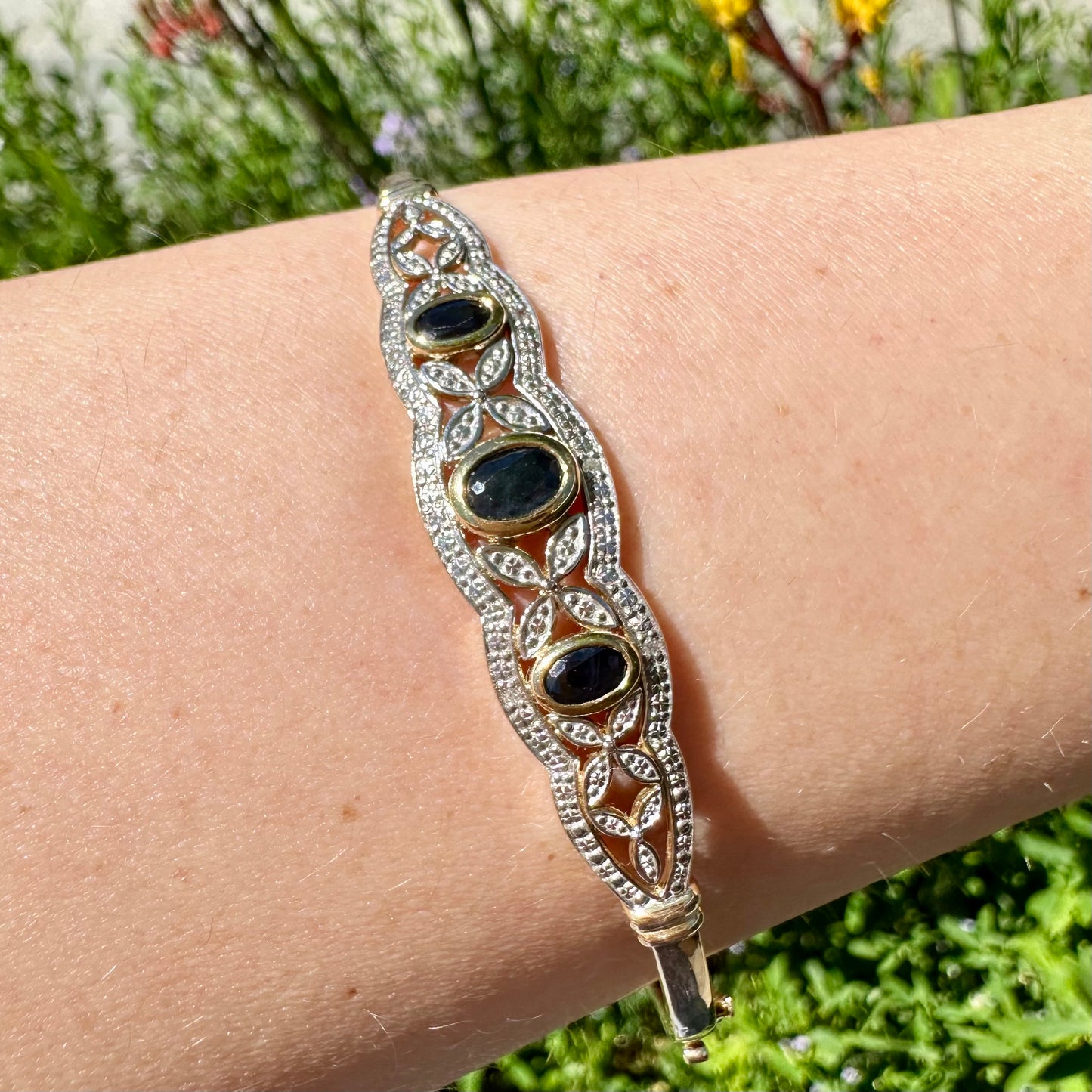 9Ct Yellow Gold Filigree Sapphire & Diamond Hinged Oval Bangle 19cm