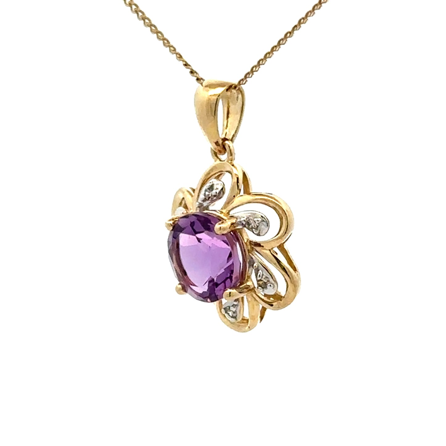 9Ct Yellow Gold Amethyst & Diamond Set Flower Pendant