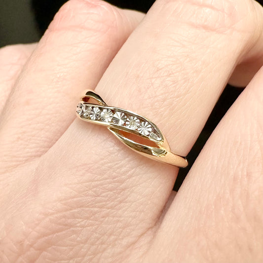 9Ct Yellow Gold Miracle Set Diamond Crossover Band Ring Sz O 1/2