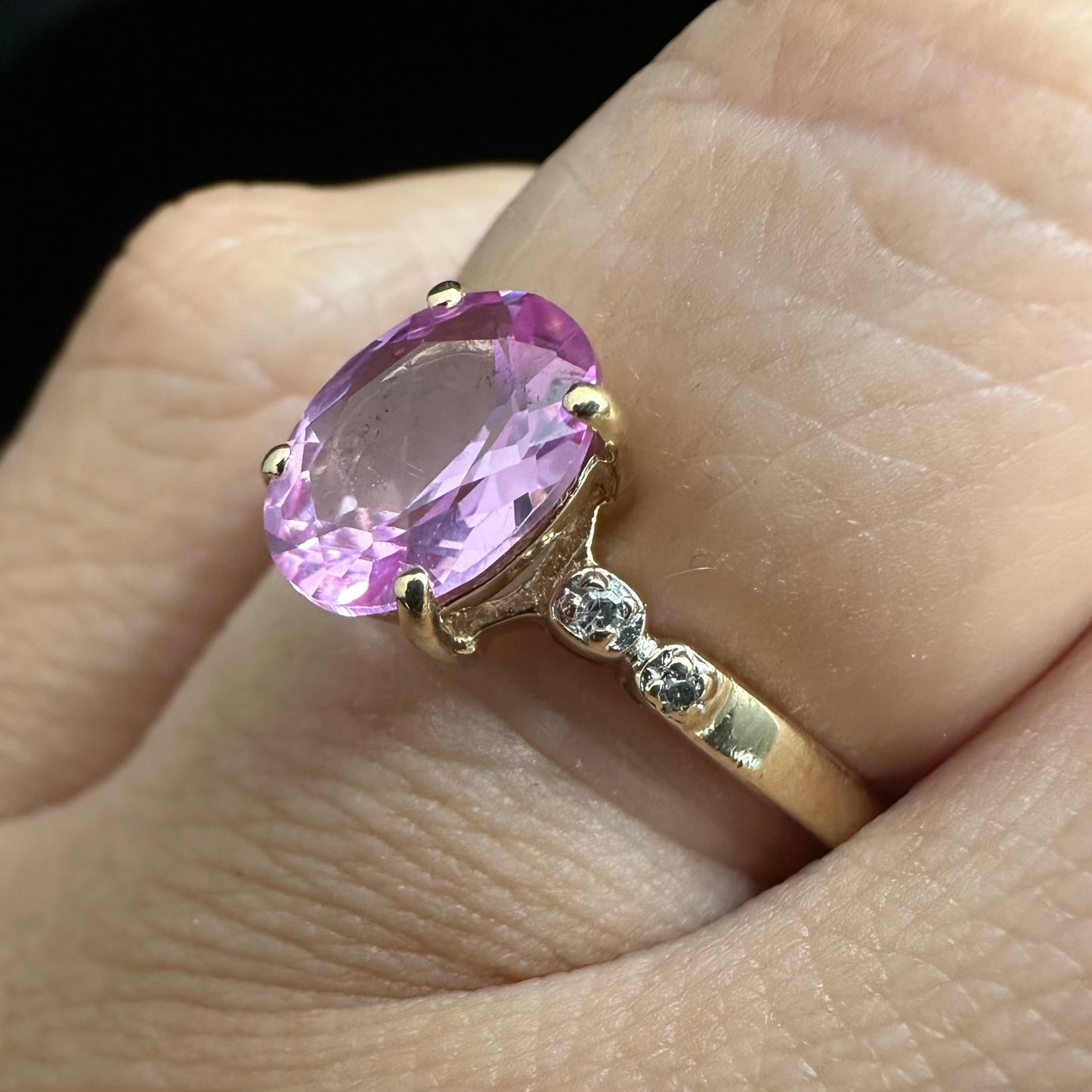 9Ct Yellow Gold Pink Gemstone Ring With Diamonds