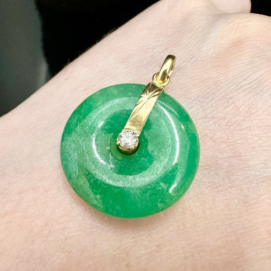 18Ct Yellow Gold Natural Jadeite and 0.17Ct TW Diamond Pi Disc Pendant