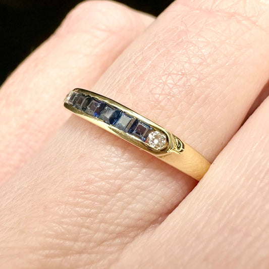 18Ct Yellow Gold Sapphire & Diamond Band Ring Sz M 1/2