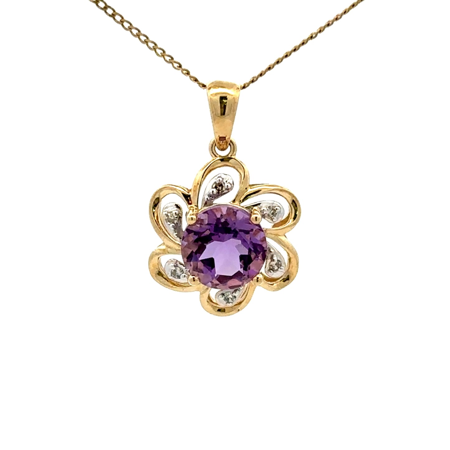 9Ct Yellow Gold Amethyst & Diamond Set Flower Pendant