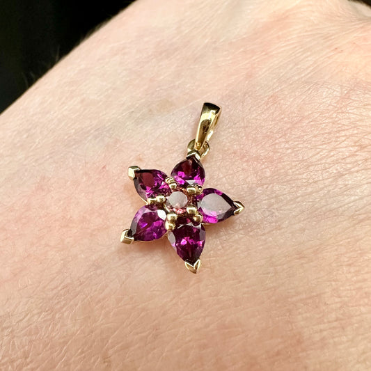 9Ct Yellow Gold Rhodolite Garnet & Pink Tourmaline Flower Pendant
