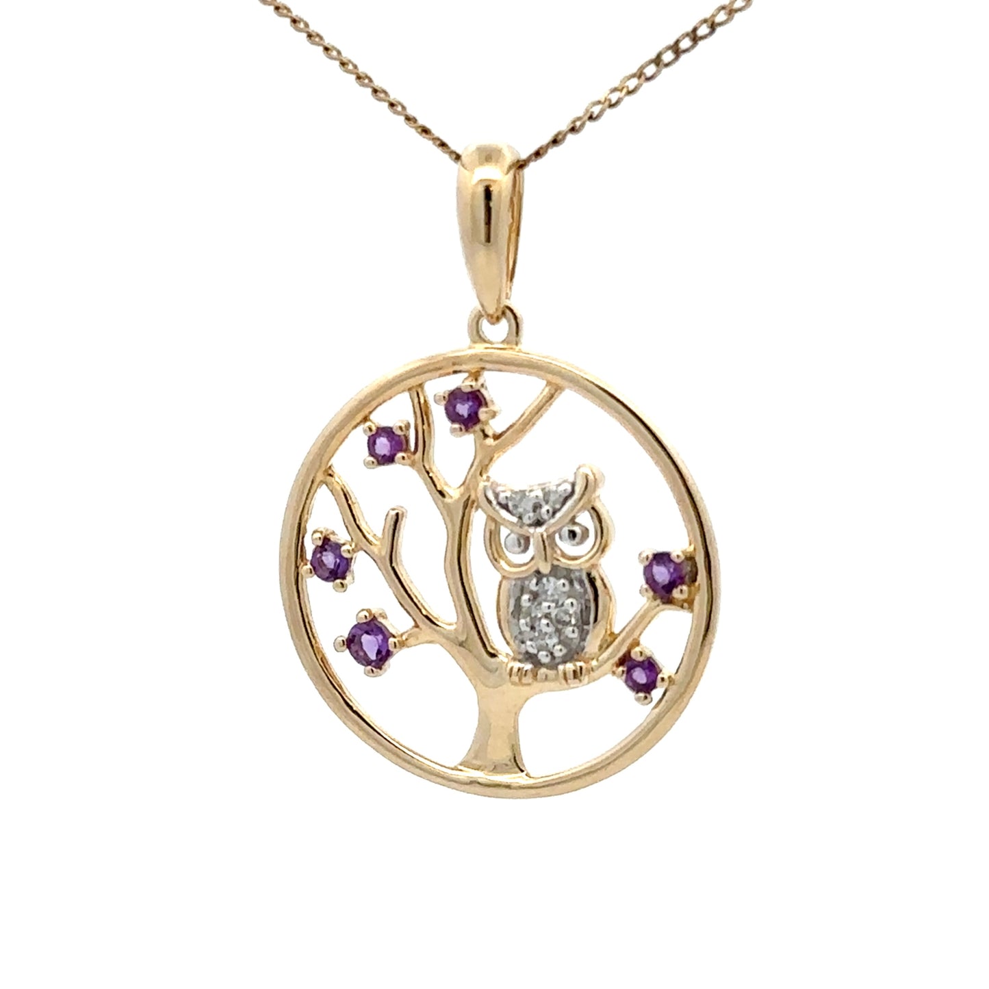 9Ct Yellow Gold Amethyst & Diamond Set Tree Owl Pendant