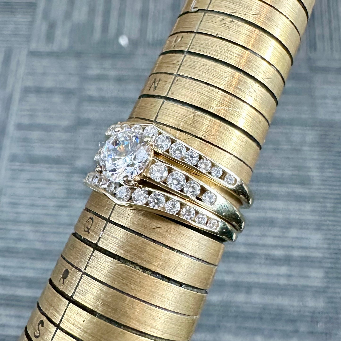 9Ct Yellow Gold 1.5 Carat TW Diamond Simulant Bridal Ring Set Sz O 1/2