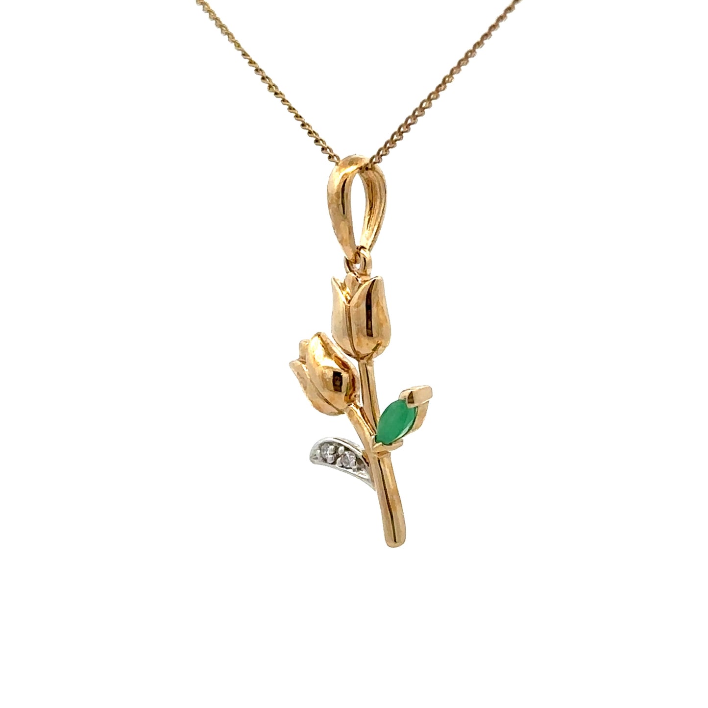 9Ct Yellow Gold Emerald & Diamond Set Tulip Flower Pendant