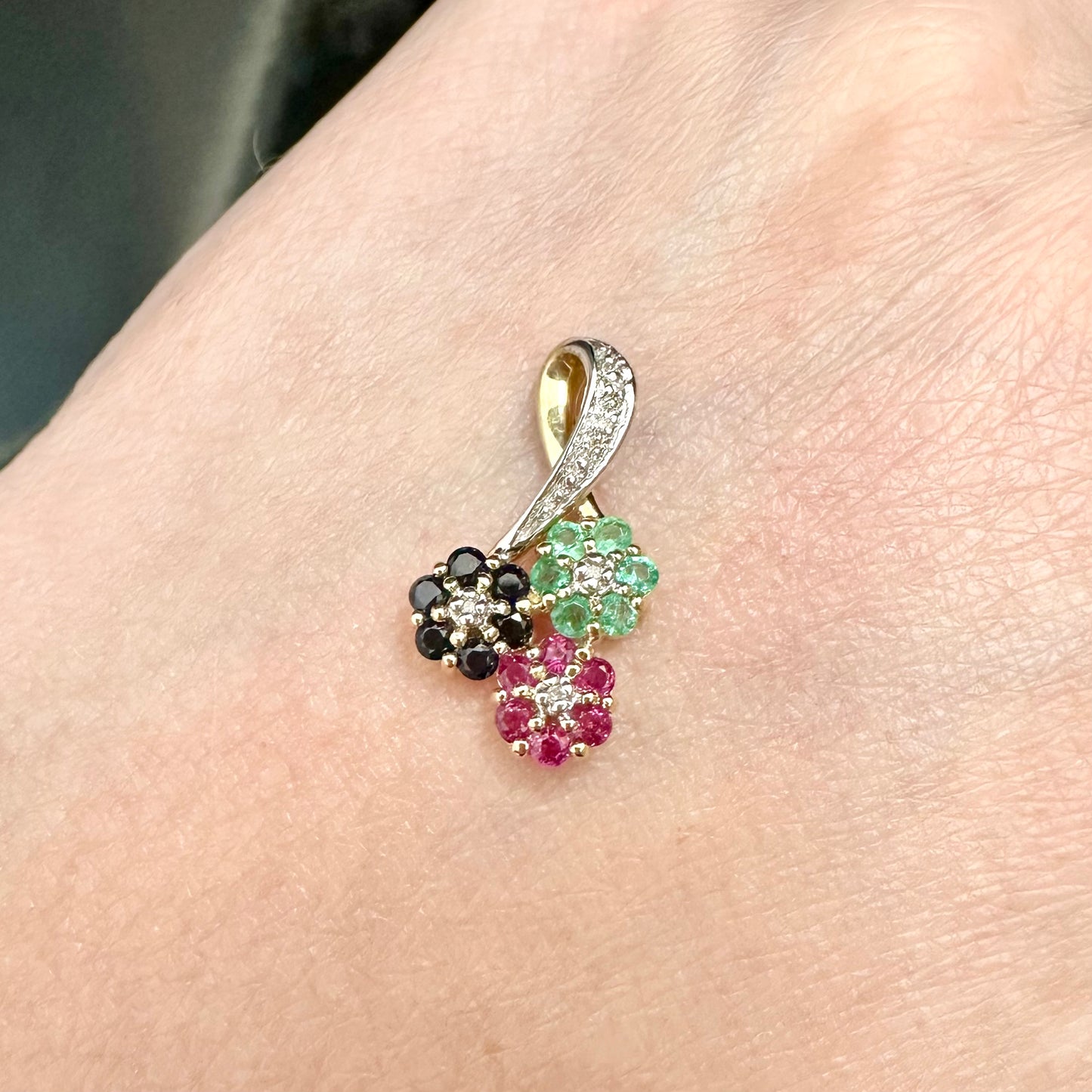 9Ct Yellow Gold Natural Sapphire, Ruby, Emerald and Diamond Floral Slider Pendant