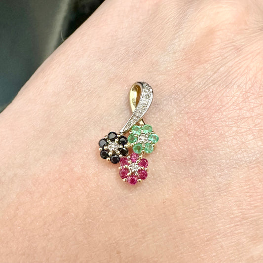 9Ct Yellow Gold Natural Sapphire, Ruby, Emerald and Diamond Floral Slider Pendant