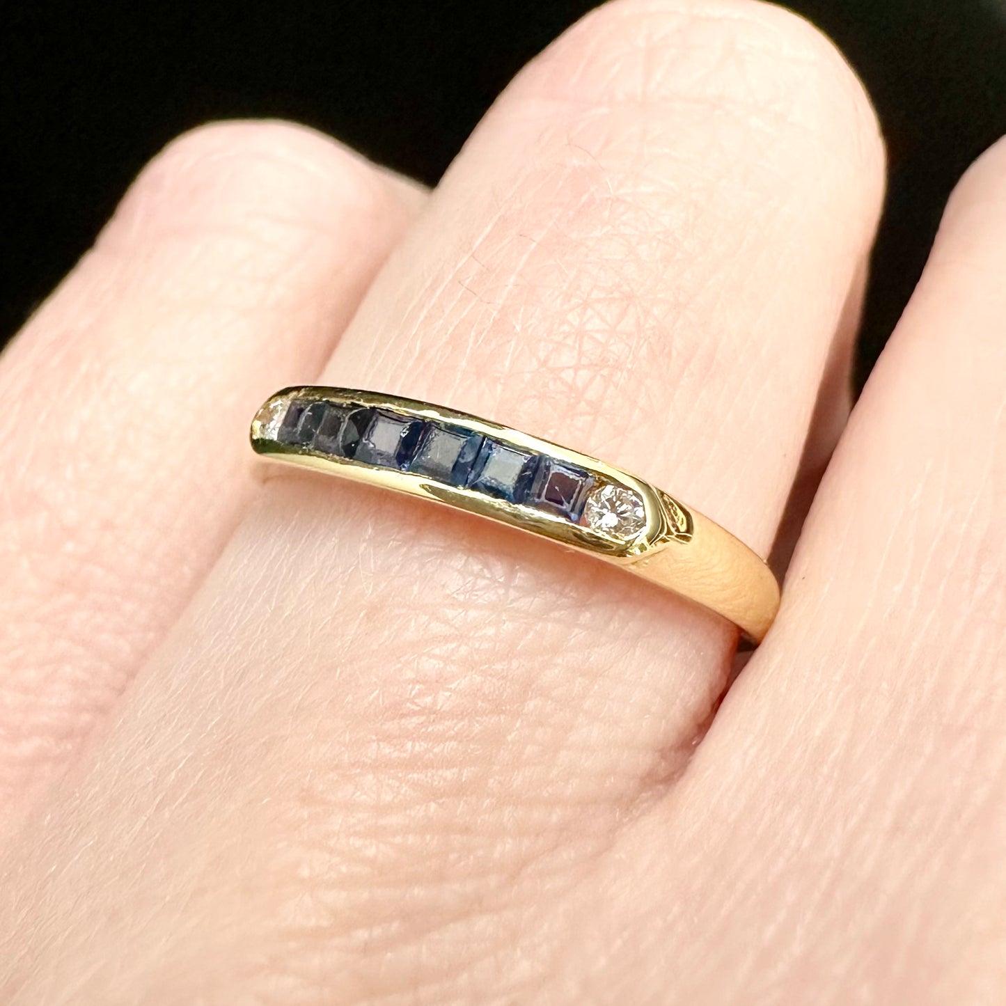 18Ct Yellow Gold Sapphire & Diamond Band Ring Sz M 1/2