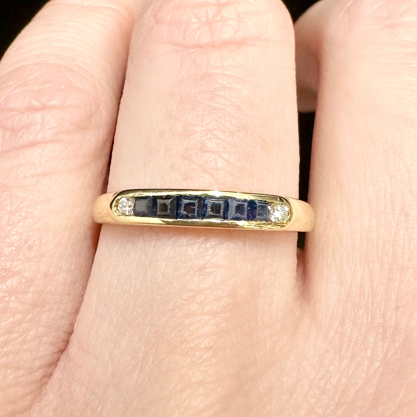 18Ct Yellow Gold Sapphire & Diamond Band Ring Sz M 1/2