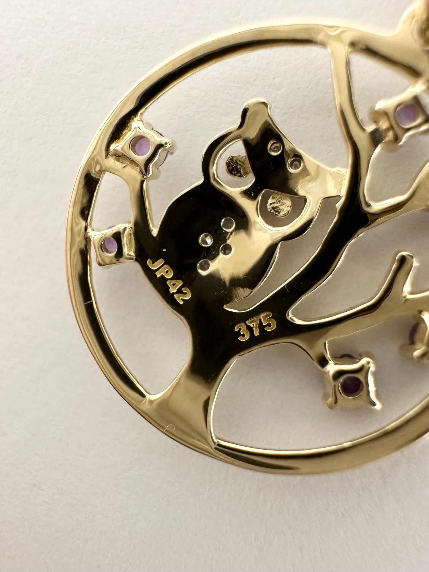 9Ct Yellow Gold Amethyst & Diamond Set Tree Owl Pendant