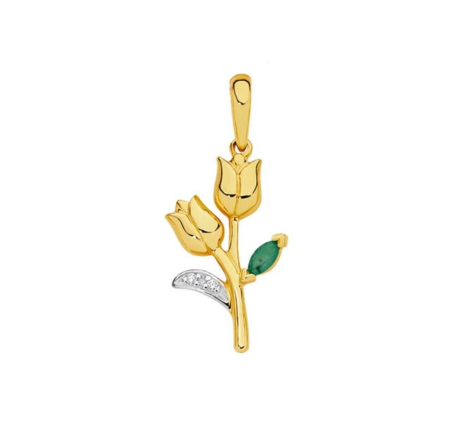 9Ct Yellow Gold Emerald & Diamond Set Tulip Flower Pendant