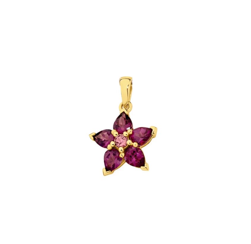 9Ct Yellow Gold Rhodolite Garnet & Pink Tourmaline Flower Pendant