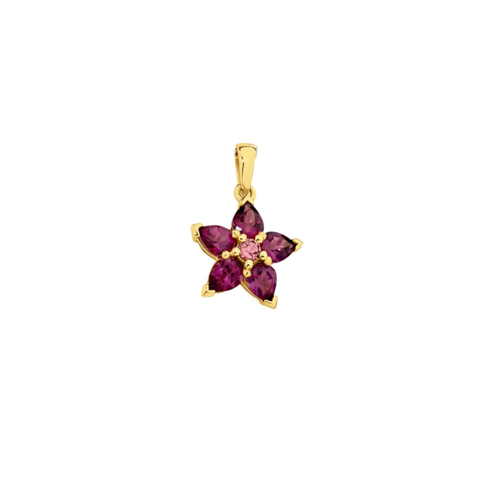 9Ct Yellow Gold Rhodolite Garnet & Pink Tourmaline Flower Pendant