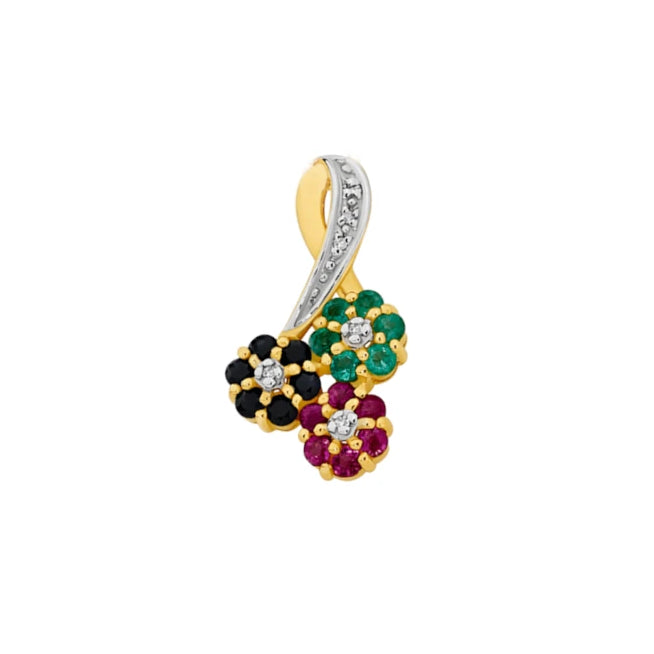 9Ct Yellow Gold Natural Sapphire, Ruby, Emerald and Diamond Floral Slider Pendant