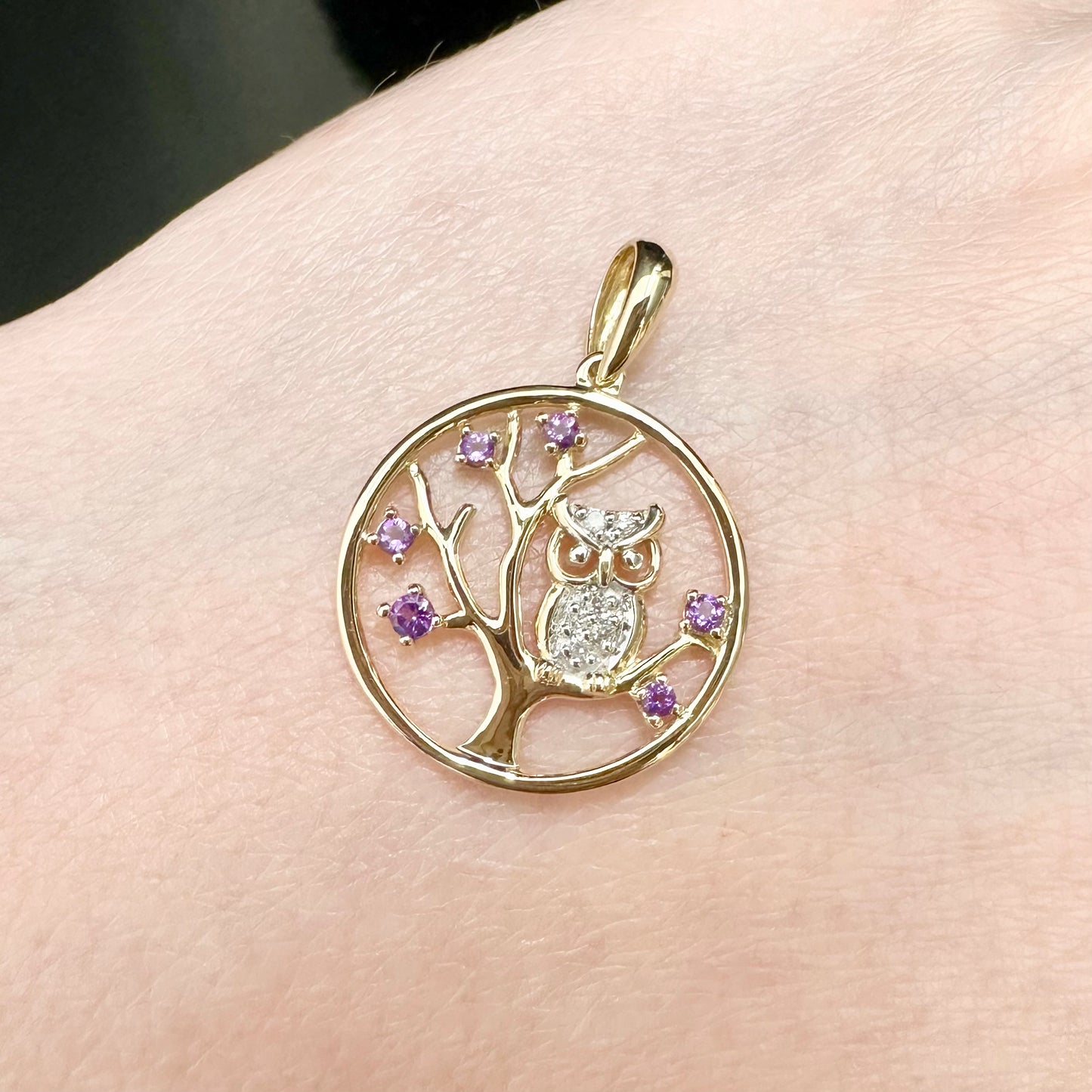 9Ct Yellow Gold Amethyst & Diamond Set Tree Owl Pendant