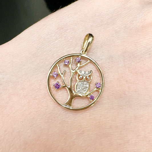 9Ct Yellow Gold Amethyst & Diamond Set Tree Owl Pendant