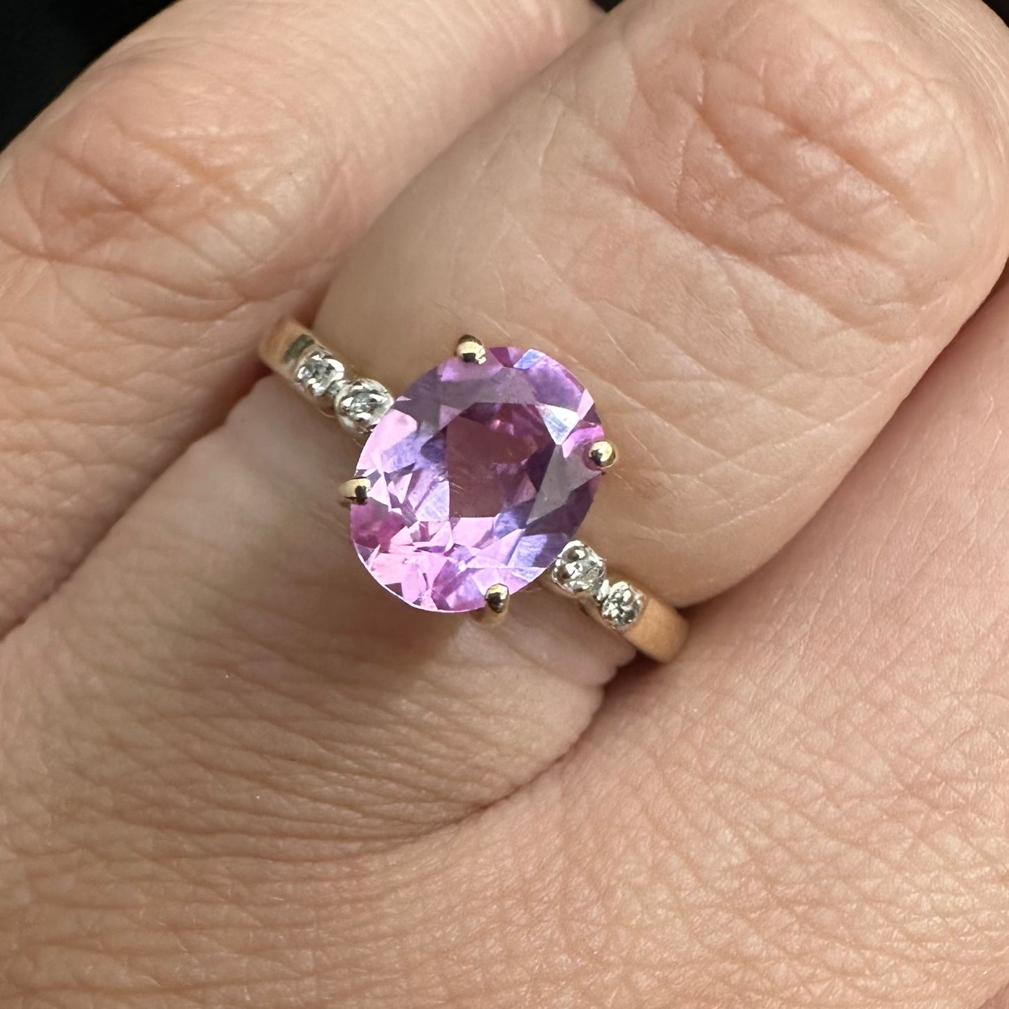 9Ct Yellow Gold Pink Gemstone Ring With Diamonds
